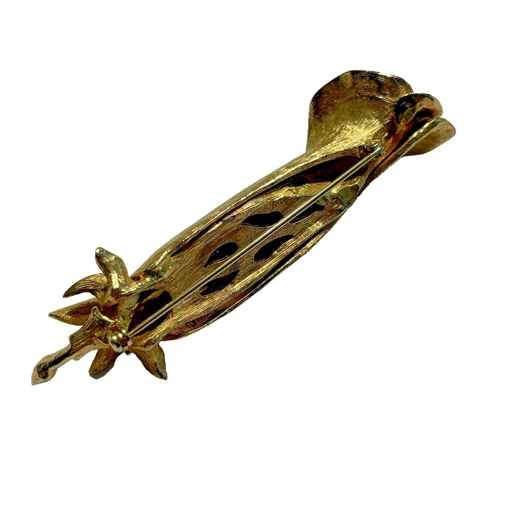 Vintage Brooch Bright Textured Goldtone Slender Rosebud Shapely Mid Century Chic